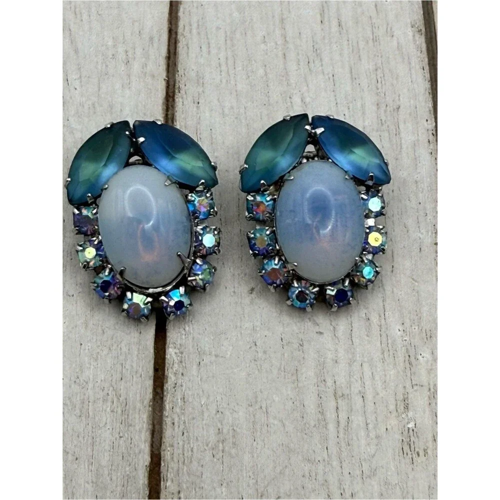Vintage 1989s Opalescent Blue-Green Crystal Clip-On Earrings